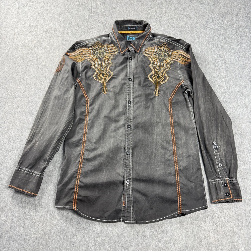Roar Signature Shirt Mens M Black Embroidered Cross Wings Western Tribal